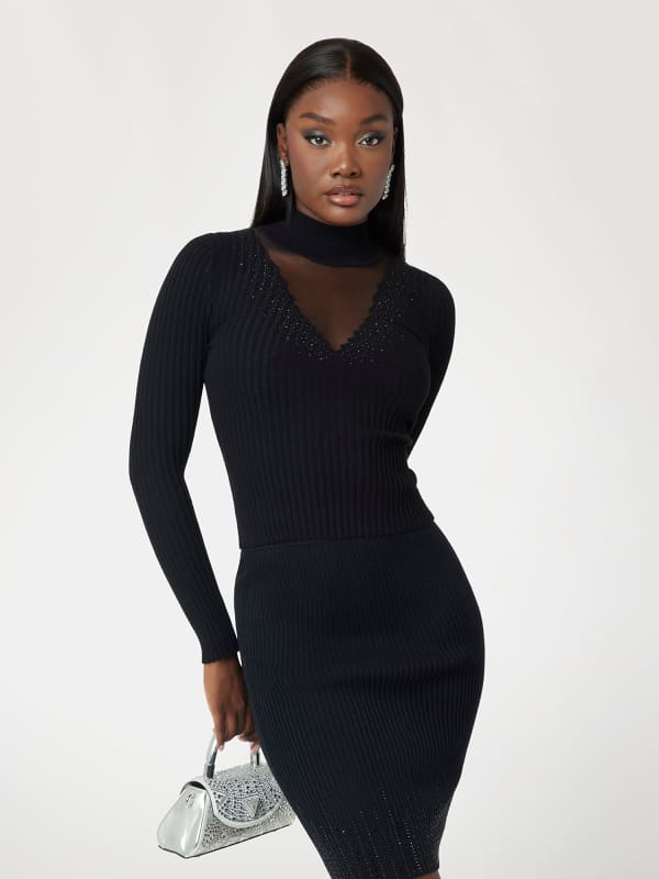 Sveter GUESS Rhinestone Detail Ribbed Sweater Čierna | W5RR15Z2Y50, 0