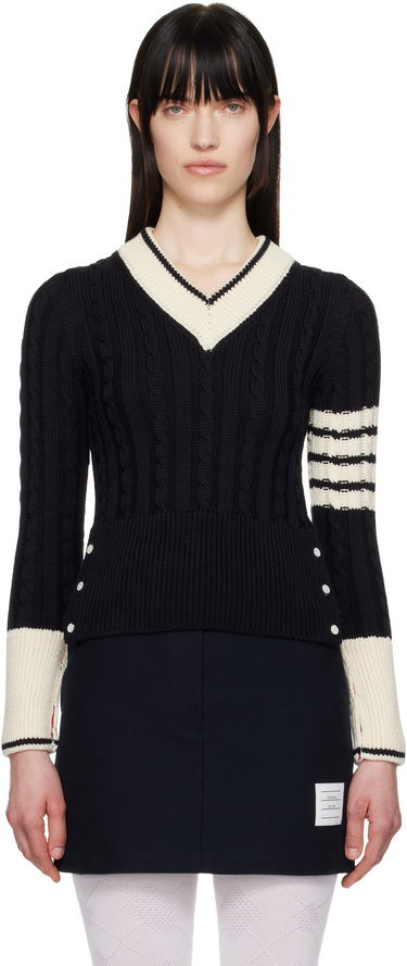 Sveter Thom Browne Thom Browne Classic Merino Wool V-Neck Sweater Navy | FKA484A-Y1024, 0