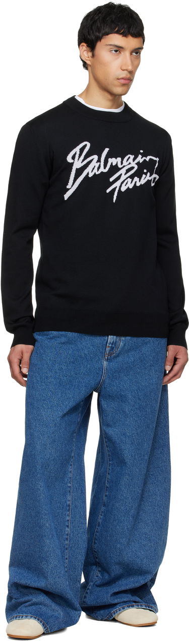 Sveter Balmain Merino Wool Crewneck Sweater with Cursive Paris Logo Čierna | GH1KD000KJ61, 3
