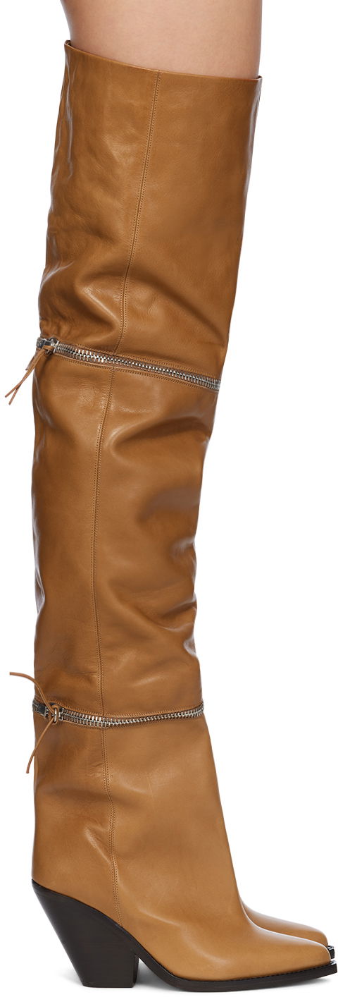 Tenisky a topánky ISABEL MARANT Lelodie Over-the-Knee Zipped Leather Boots Hnedá | 23HCD0006FA-A4A12S