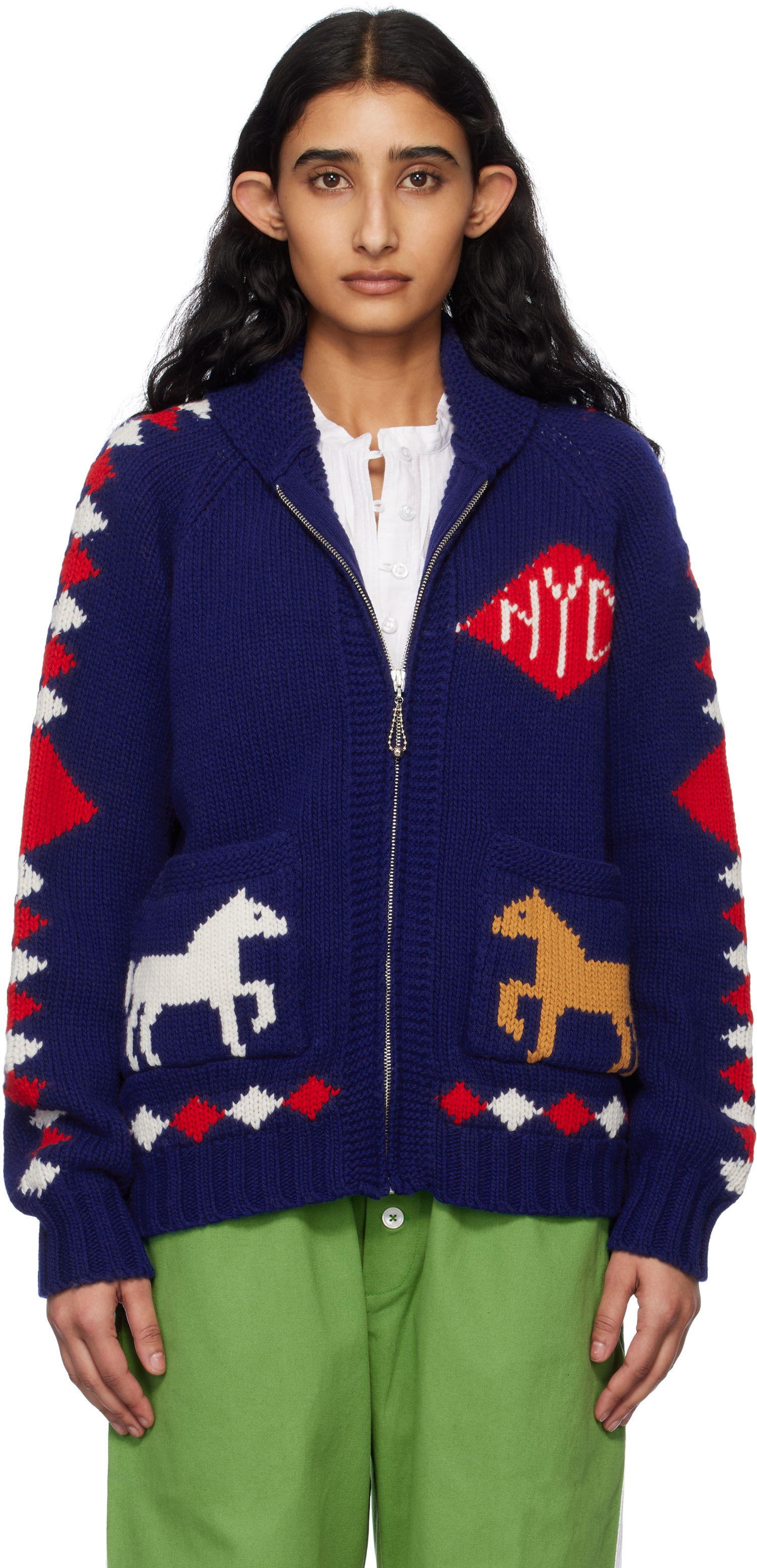 Sveter Bode Bode Diamond Corral Zip Cardigan Modrá | MRS25KT015, 0