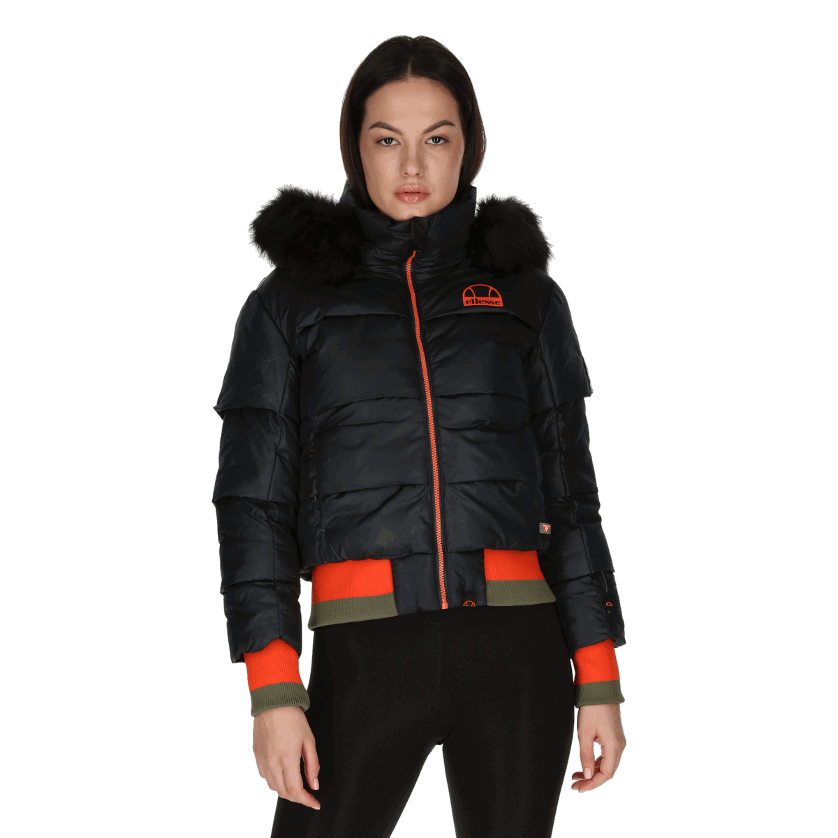Prešívaná bunda Ellesse Innevata Fur Hood Padded Jacket with Striped Ribbed Trim Čierna | SRK11727-011, 0