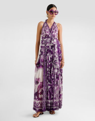 Šaty Dolce & Gabbana Dolce & Gabbana Majolica-Print Halter Neck Chiffon Dress Fialová | F6TYTTHI1BXIP3TN, 1