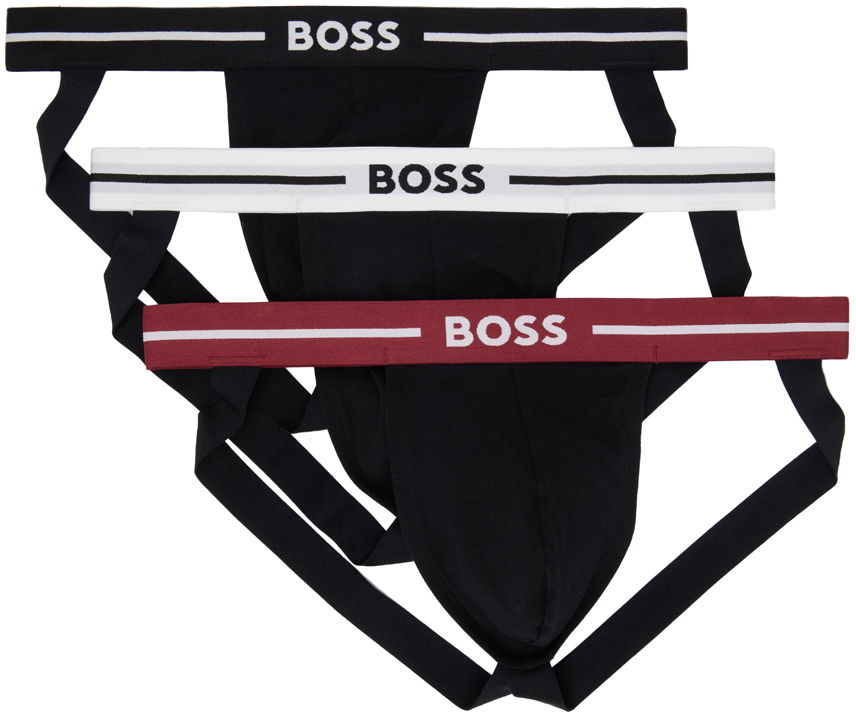Flexstyle BOSS Three-Pack Black Jacquard Logo Jock Straps Čierna | 50517823, 0