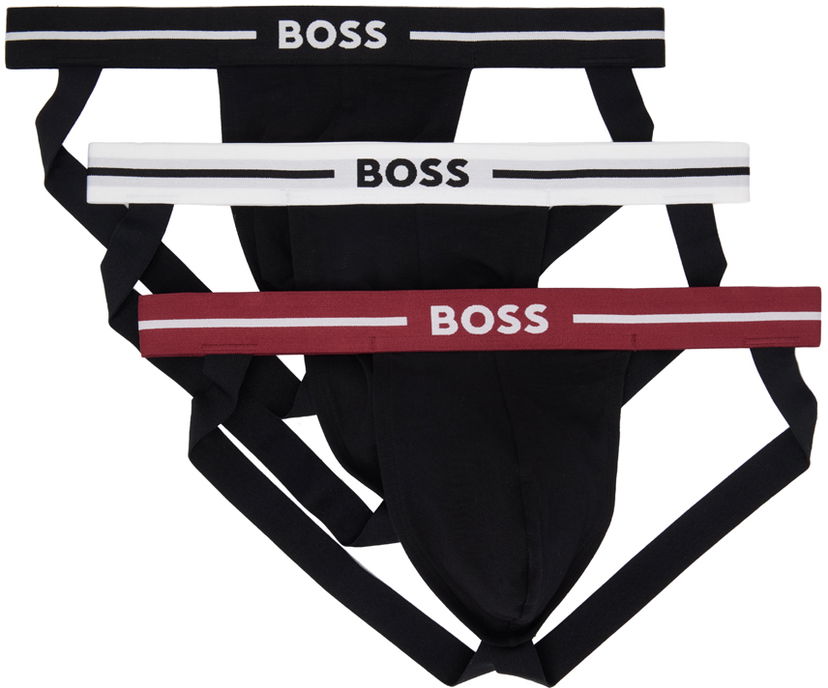 Flexstyle BOSS Three-Pack Black Jacquard Logo Jock Straps Čierna | 50517823