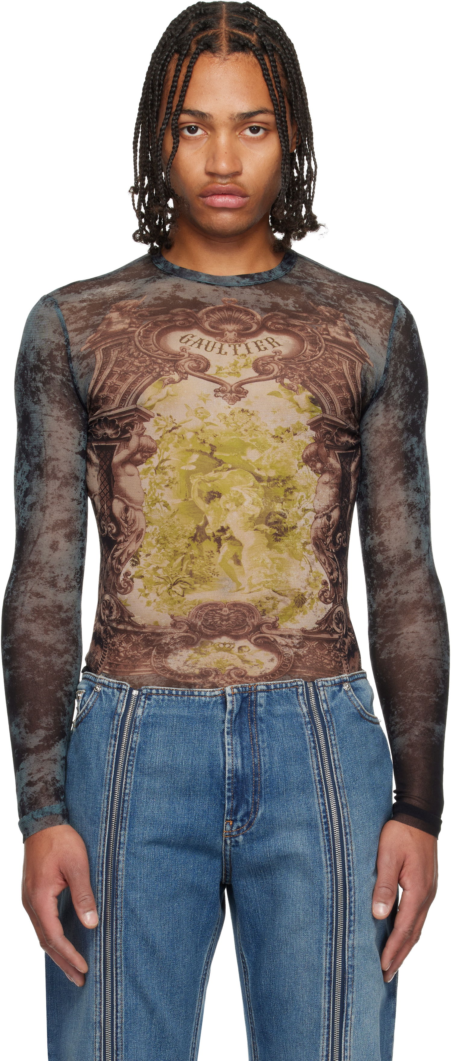Tričká a tielka Jean Paul Gaultier The Blue Médaillon Printed Long Sleeve Mesh Top Rôznofarebný | 25/04-W-TO305-M006P-005740, 0