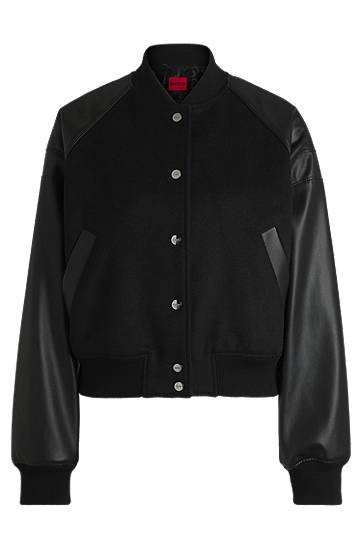 Bomber bunda BOSS Cropped Bomber Jacket with Faux Leather Sleeves Čierna | 50529951, 0