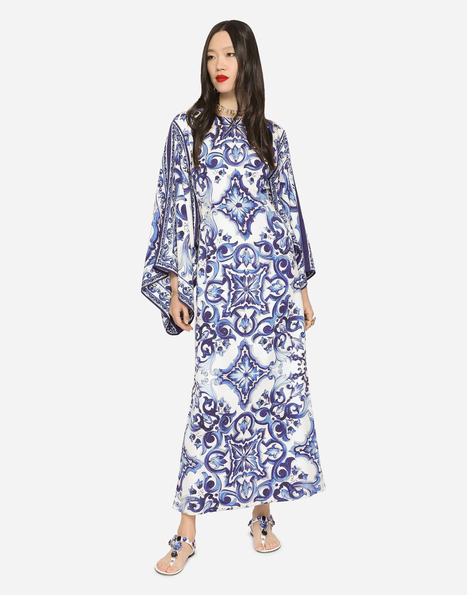 Šaty Dolce & Gabbana Dolce & Gabbana Majolica-Print Charmeuse Dress Modrá | F69D5THPABOHA3TN, 1