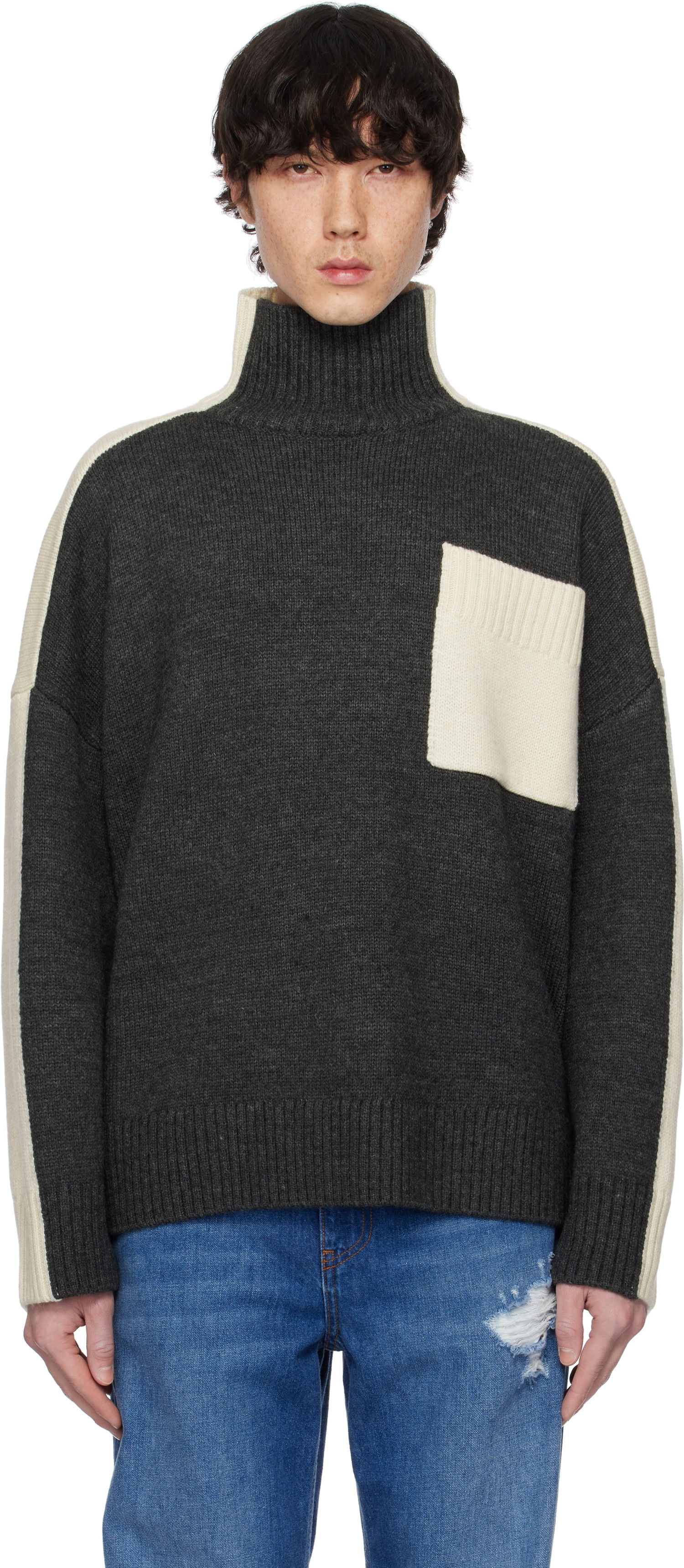 Sveter JW Anderson JW Anderson Dual Tone Turtleneck with Patch Pocket Šedá | KW1308-YN0367, 0