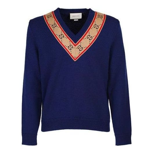 Sveter Gucci GG V-Neck Wool Sweater Modrá | 577089-XKAUO-4912