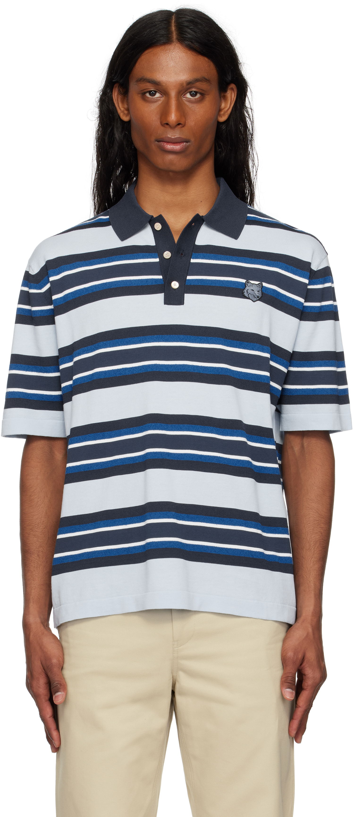 Polo tričko MAISON KITSUNÉ Maison Kitsuné Fine Gauge Striped Polo with Fox Head Patch Modrá | OM00201KT1119, 0