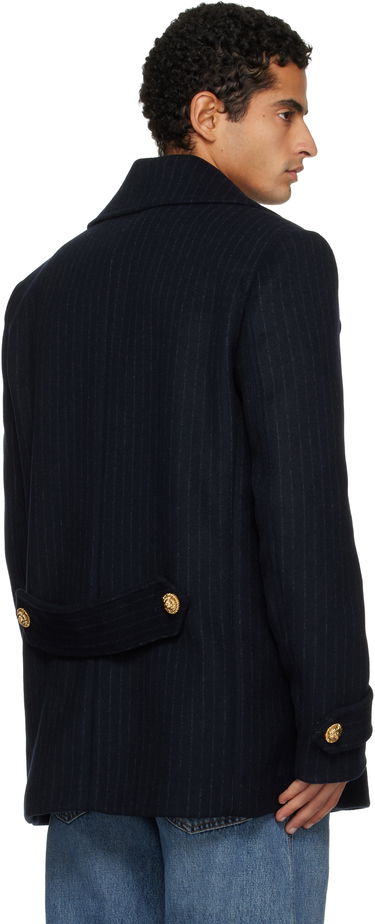 Kabáty Balmain Short Striped Wool Pea Coat Navy | FH0UA155WC87, 2