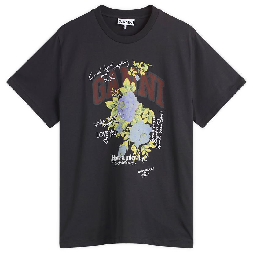 Tričko GANNI GANNI Rose Logo Graphic T-Shirt, Size Large Čierna | T4342-252