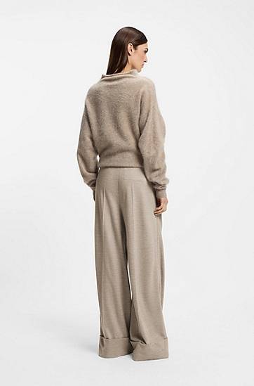 Nohavice BOSS Relaxed-fit pleated wide-leg trousers with cuffs in virgin wool Béžová | 50550804, 1