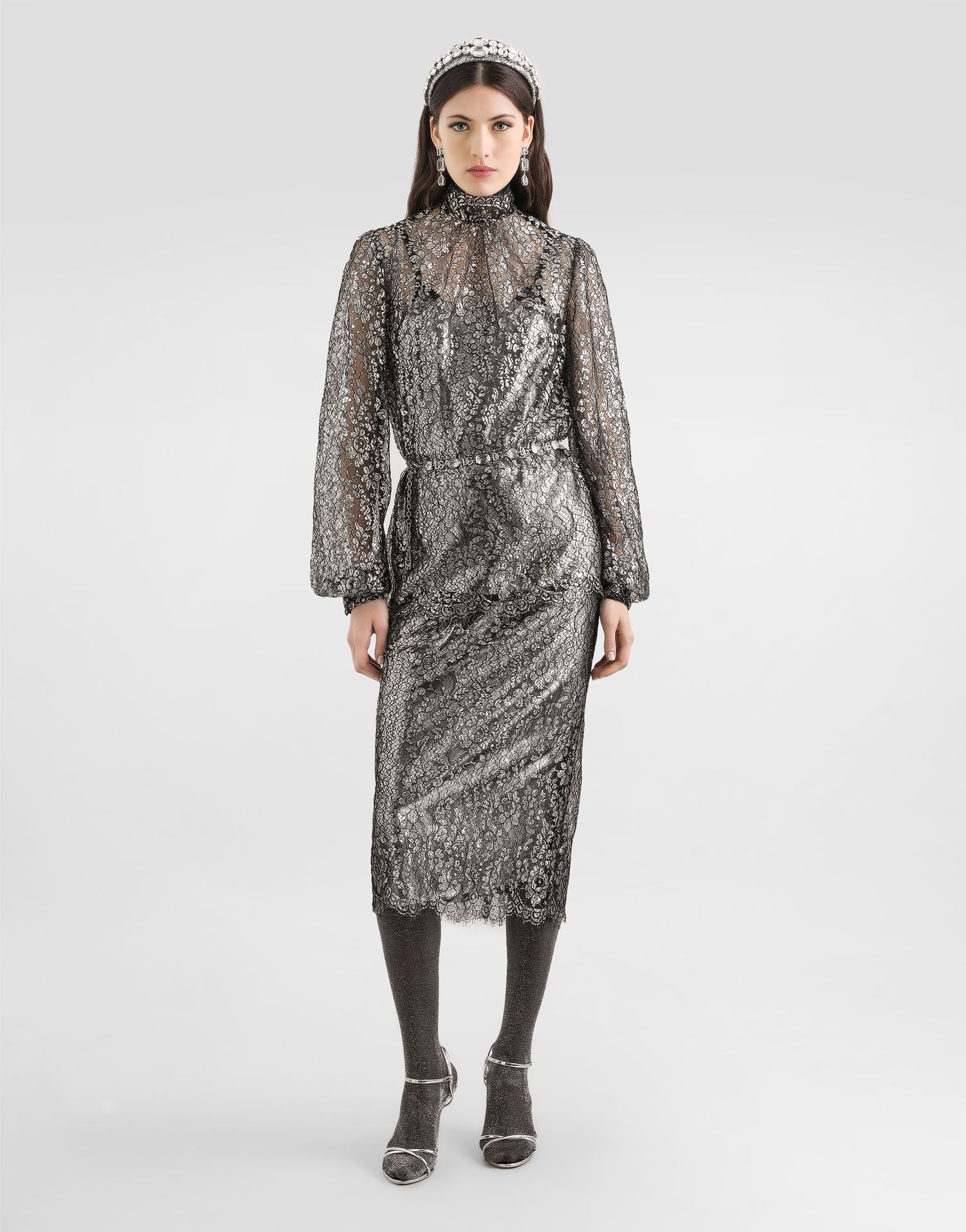 Košeľa Dolce & Gabbana High-neck Long-sleeve Lamé Lace Top with Scalloped Hem, Collection Metalická | F7BD7TILMCFS0998, 1