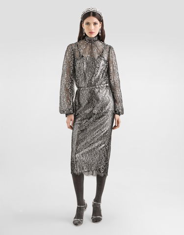 Košeľa Dolce & Gabbana High-neck Long-sleeve Lamé Lace Top with Scalloped Hem, Collection Metalická | F7BD7TILMCFS0998, 1