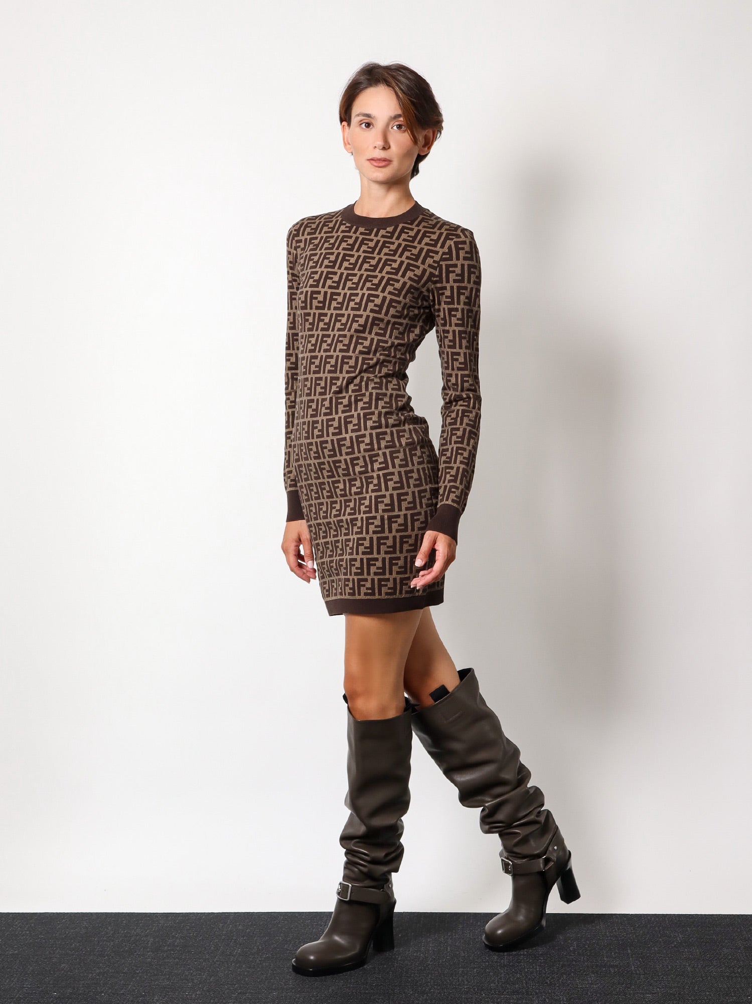 Šaty FENDI Knitted FF Pattern Dress Hnedá | FZDC83ASJTF0GGE, 1