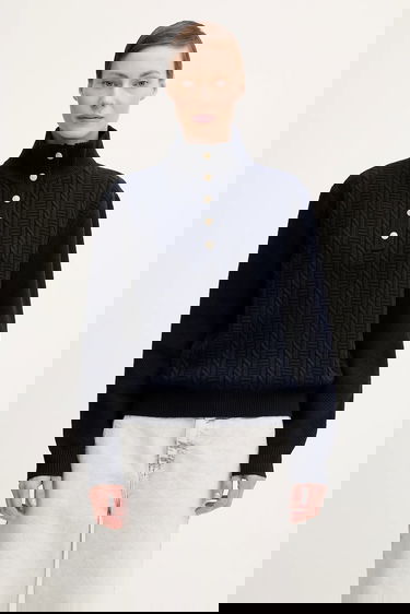 Sveter A.P.C. Thea Cable-Knit Mock Neck Button-Front Sweater Navy | WVBCZ.F23426, 0