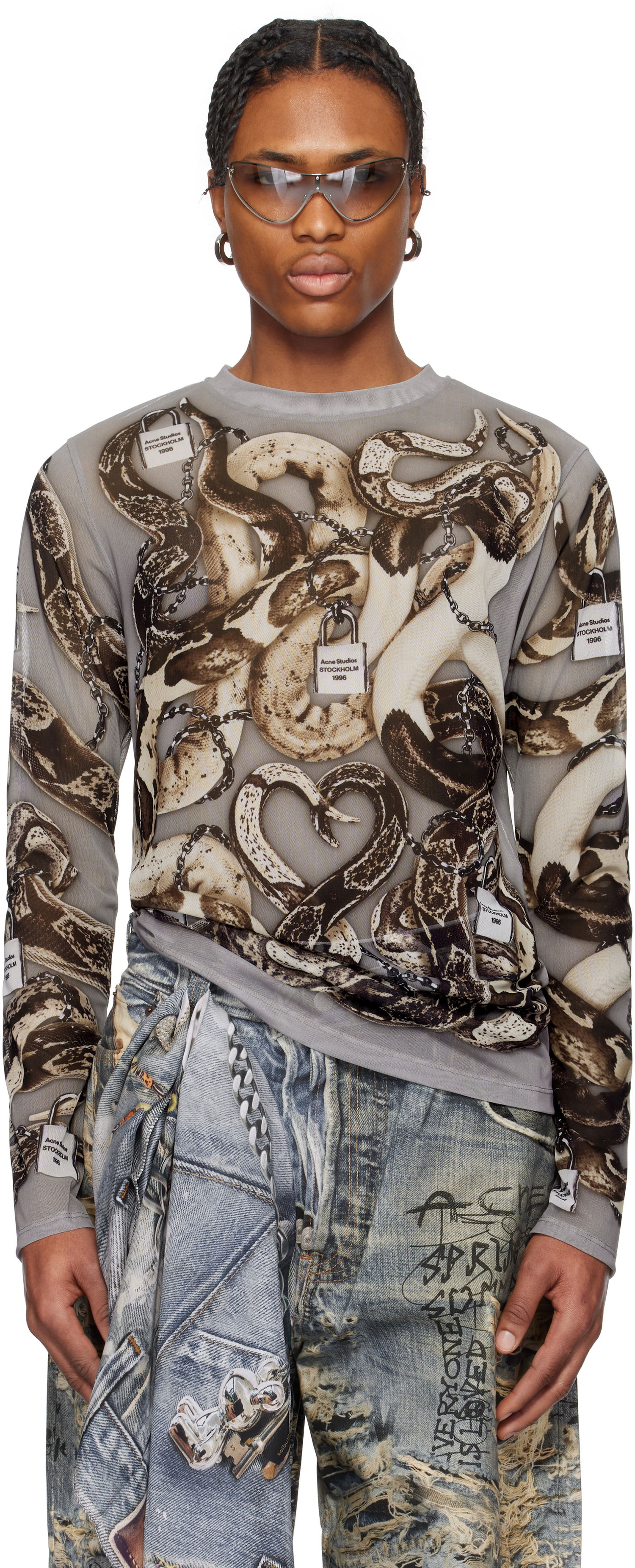 Tričko Acne Studios Acne Studios Printed Mesh Long Sleeve T-Shirt Šedá | BL0406-, 0