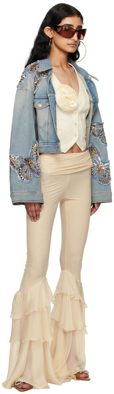 Bunda Blumarine Blumarine Butterfly Appliqué Cropped Denim Jacket Modrá | P444J081A, 3