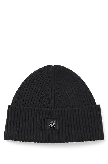Kulicha BOSS HUGO Virgin-Wool Beanie Hat with Stacked Logo Čierna | 50527250, 0