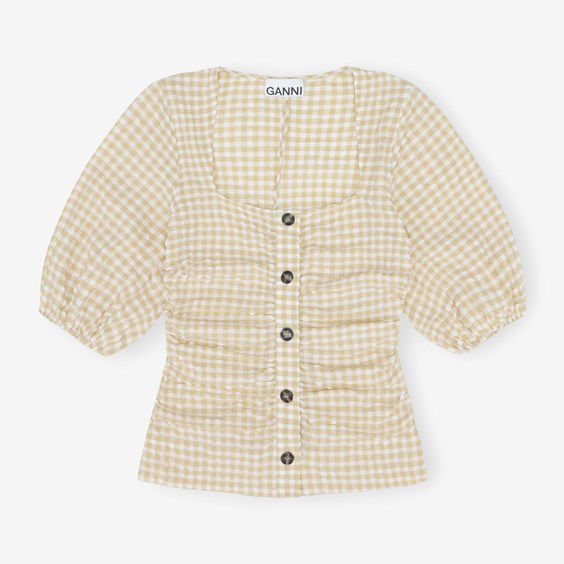 Tričko GANNI Stretch Seersucker Gathered Blouse Béžová | F7952-531, 0