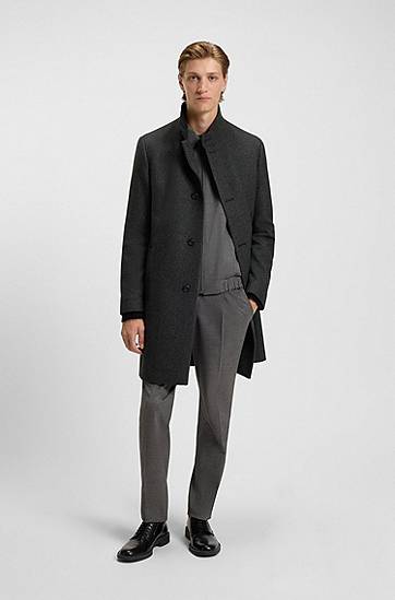 Kabáty BOSS Regular-Fit Stand-Collar Wool-Blend Twill Coat Šedá | 50546553, 1