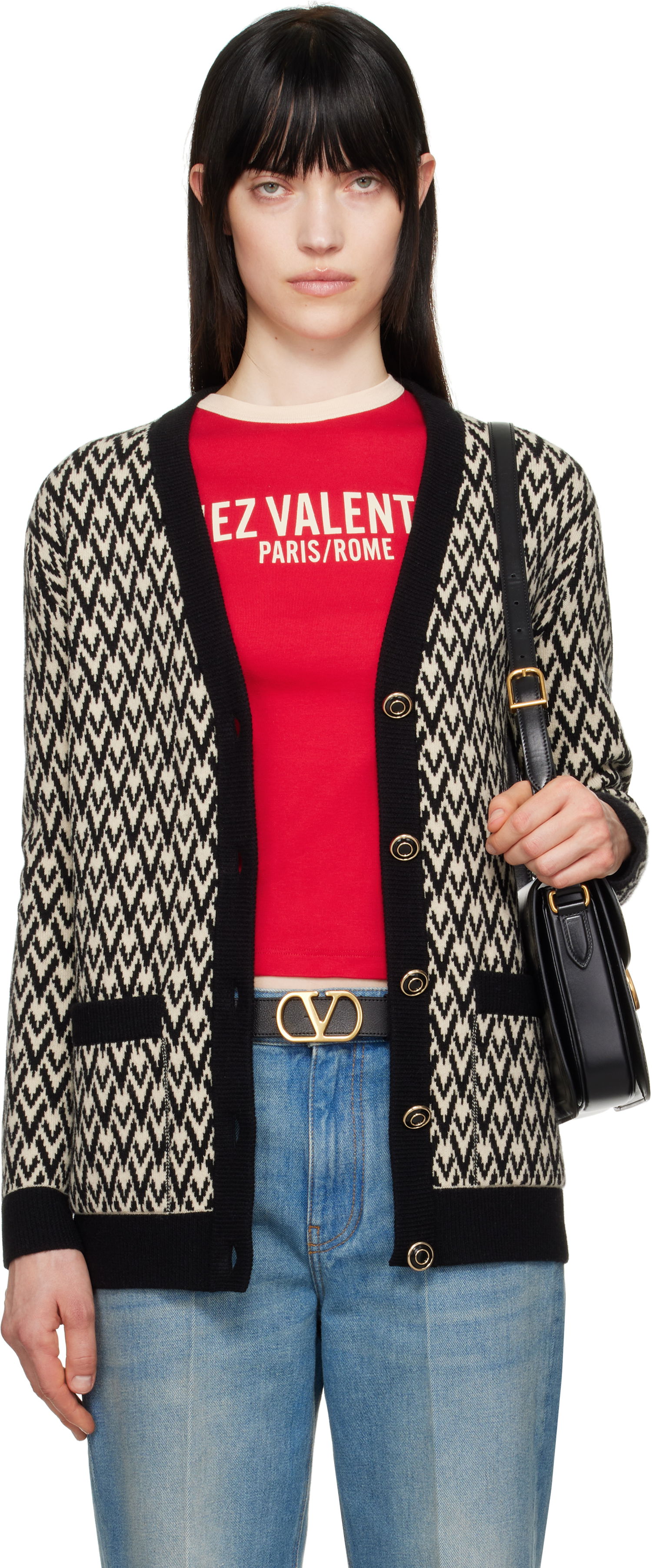 Sveter Valentino Valentino 'Toute La V' Chevron Knit Cardigan Béžová | 6B3KA09A929, 0