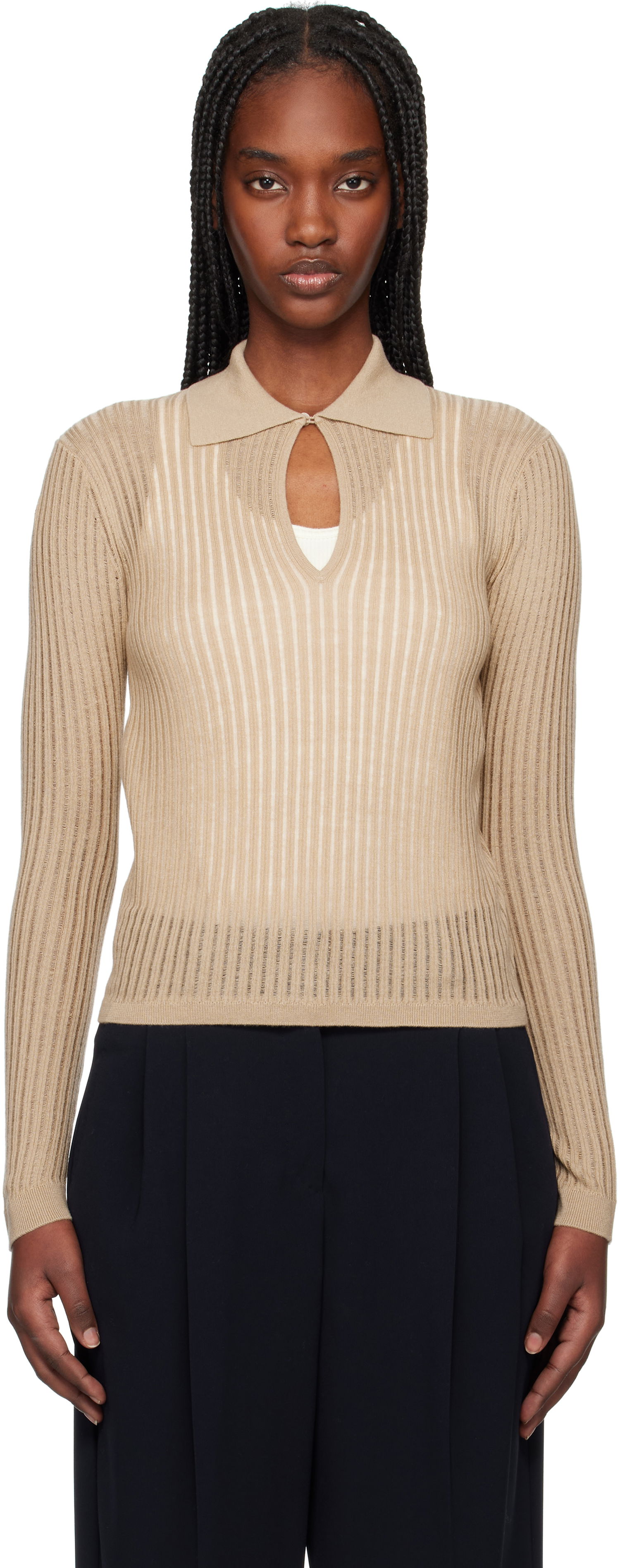 Sveter Max Mara Max Mara Ribbed Keyhole Polo Top Béžová | 2516361021600, 0