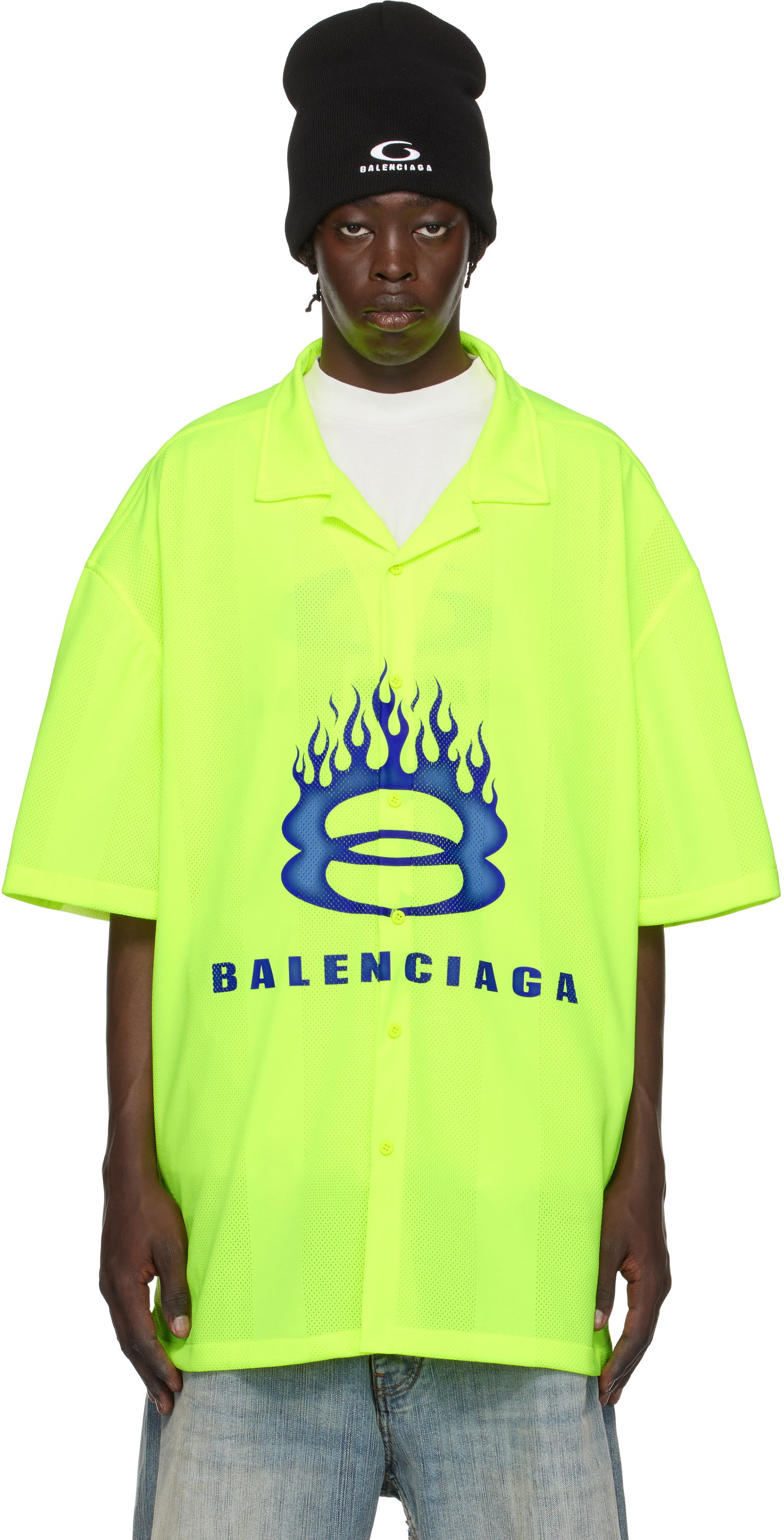 Košeľa Balenciaga Balenciaga Mesh Flames Bowling Shirt Zelené | 795133TQV387204, 0