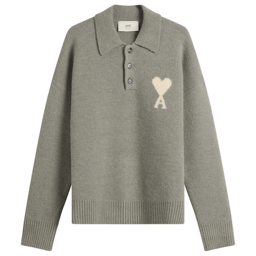 Sveter AMI Alpaca Knit Polo with Heart A Motif Zelené | H25UPL408-KN0135-058H25
