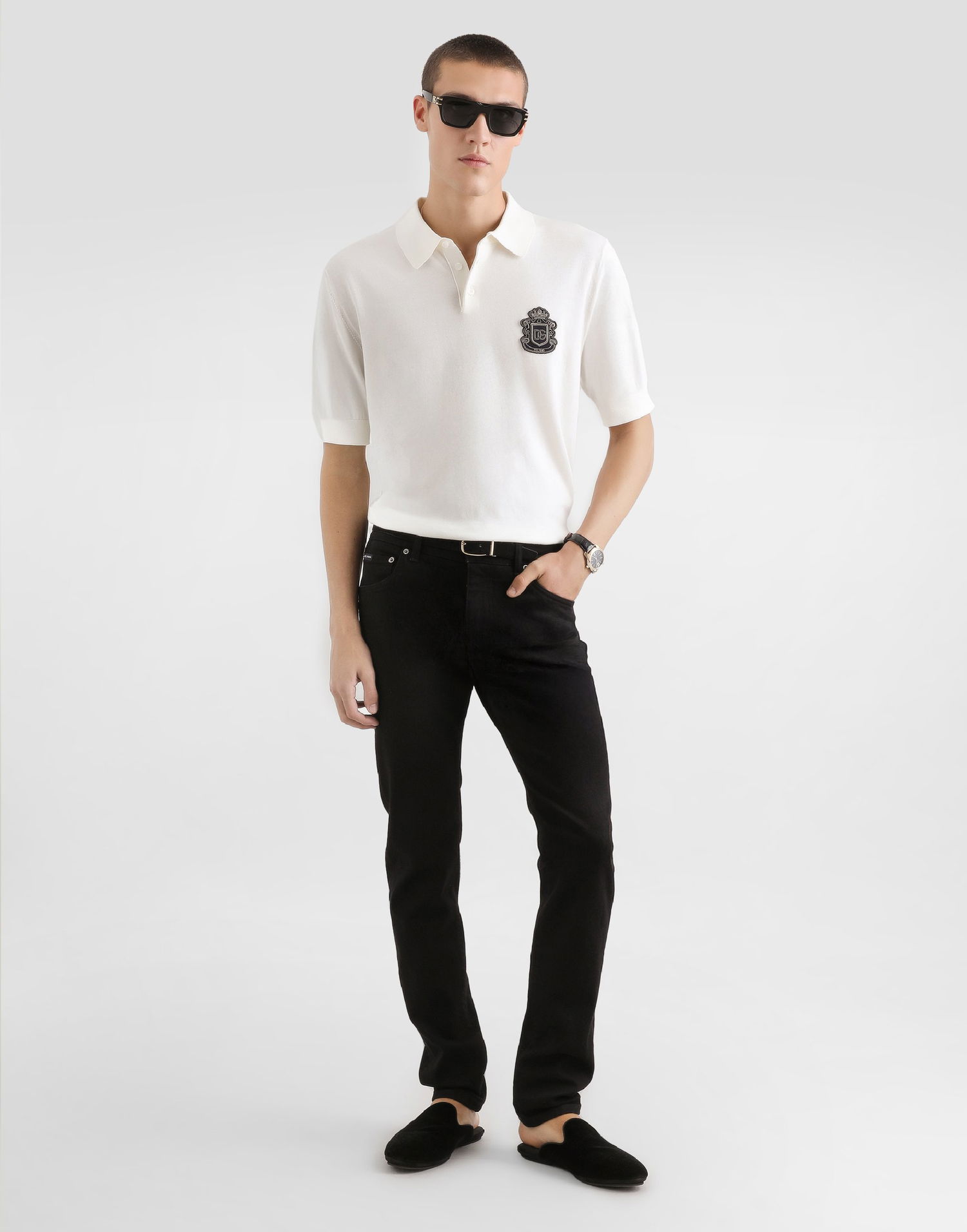 Polo tričko Dolce & Gabbana Knitted Cotton Polo Shirt with DG Milano Emblem Biela | GXZ02ZJBCIUW0111, 1