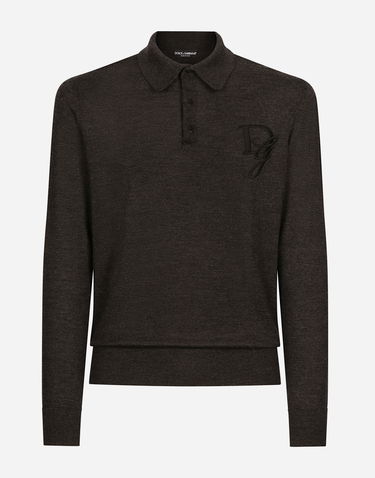 Polo tričko Dolce & Gabbana Dolce & Gabbana Cashmere Long Sleeve Polo Shirt with Embroidered Logo Šedá | GXZ25ZJAWXRN1254, 0