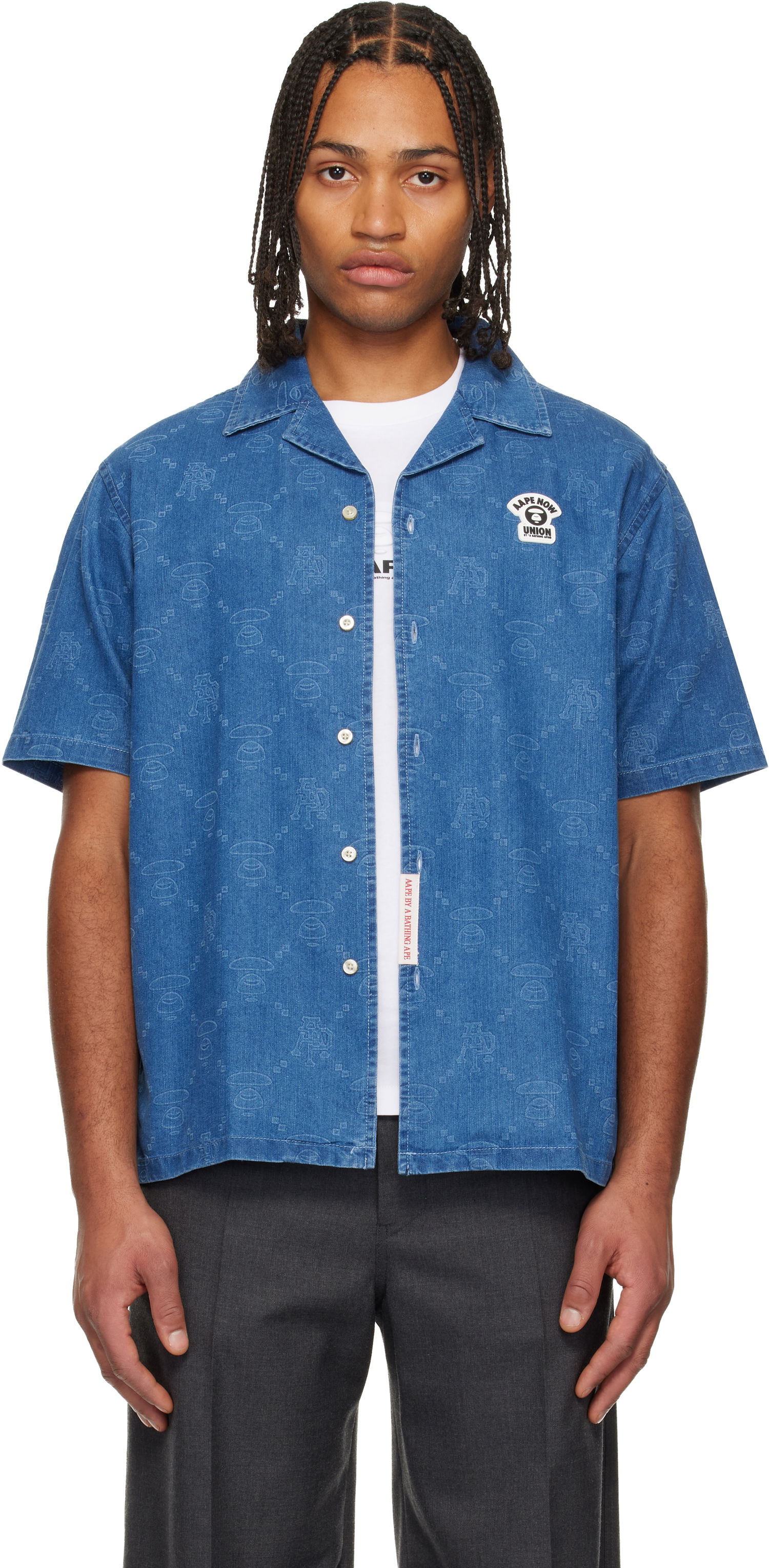 Košeľa AAPE by A Bathing Ape AAPENOW Moonface Monogram Short Sleeve Camp Collar Shirt Modrá | AAPSRM8526XXNBLX, 0