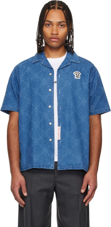 Košeľa AAPE by A Bathing Ape AAPENOW Moonface Monogram Short Sleeve Camp Collar Shirt Modrá | AAPSRM8526XXNBLX, 0