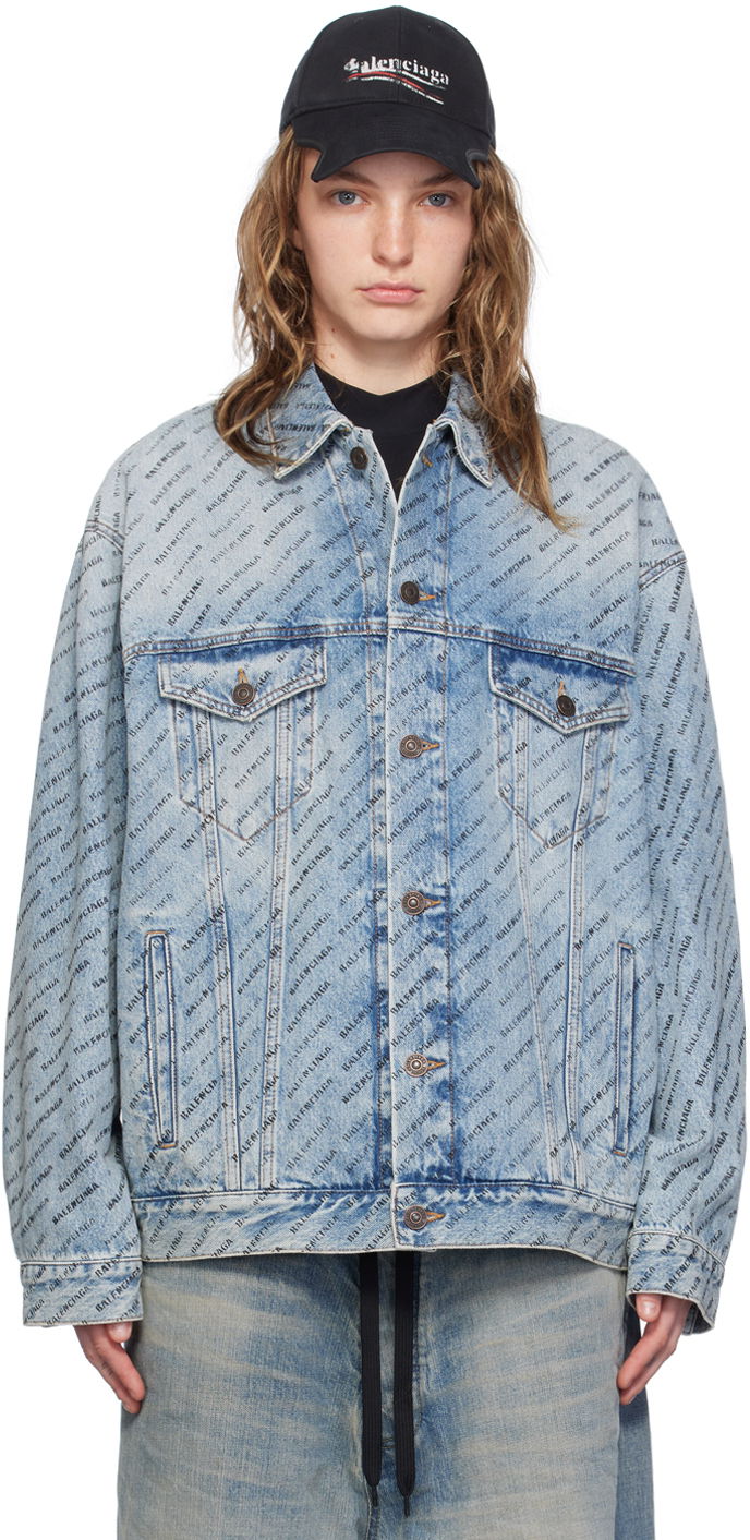 Bunda Balenciaga Blue Printed Logo Denim Jacket Modrá | 799555 TQW66