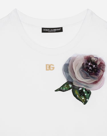 Tričko Dolce & Gabbana Cropped Jersey T-shirt With Flower Appliqué Biela | F8U99ZGDCB1W0800, 2