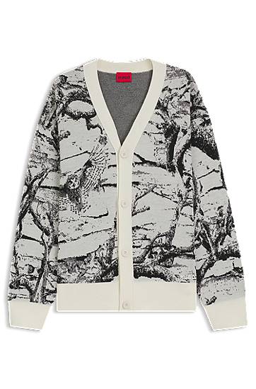 Sveter BOSS Oversized-fit Cardigan with Birch Tree and Owl Jacquard Pattern Rôznofarebný | 50546872