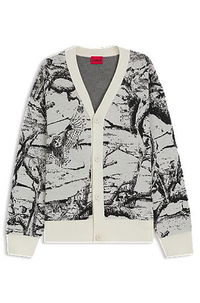 Oversized-fit Cardigan with Birch Tree and Owl Jacquard Pattern