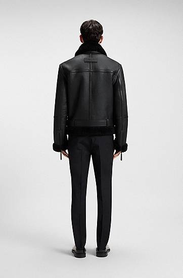 Bunda BOSS Aviator Leather Jacket with Shearling Trims and Belted Waist Čierna | 50546494, 1