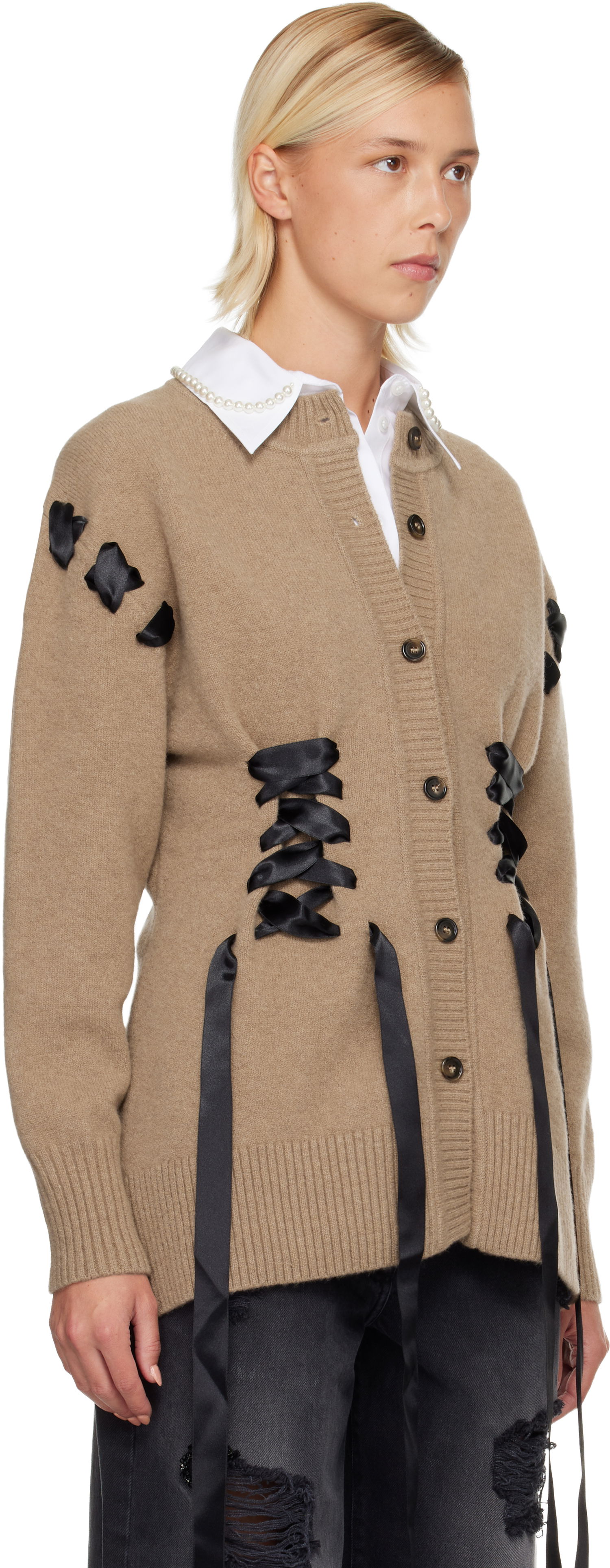 Sveter Simone Rocha Simone Rocha Sculpted Ribbon Corset Cardigan Béžová | LMK8 0660, 1