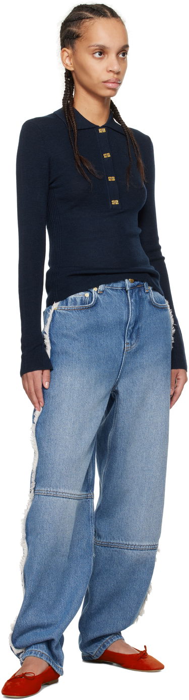 Sveter GANNI Ganni Merino Ribbed Long Sleeve Polo Navy | K2351, 3