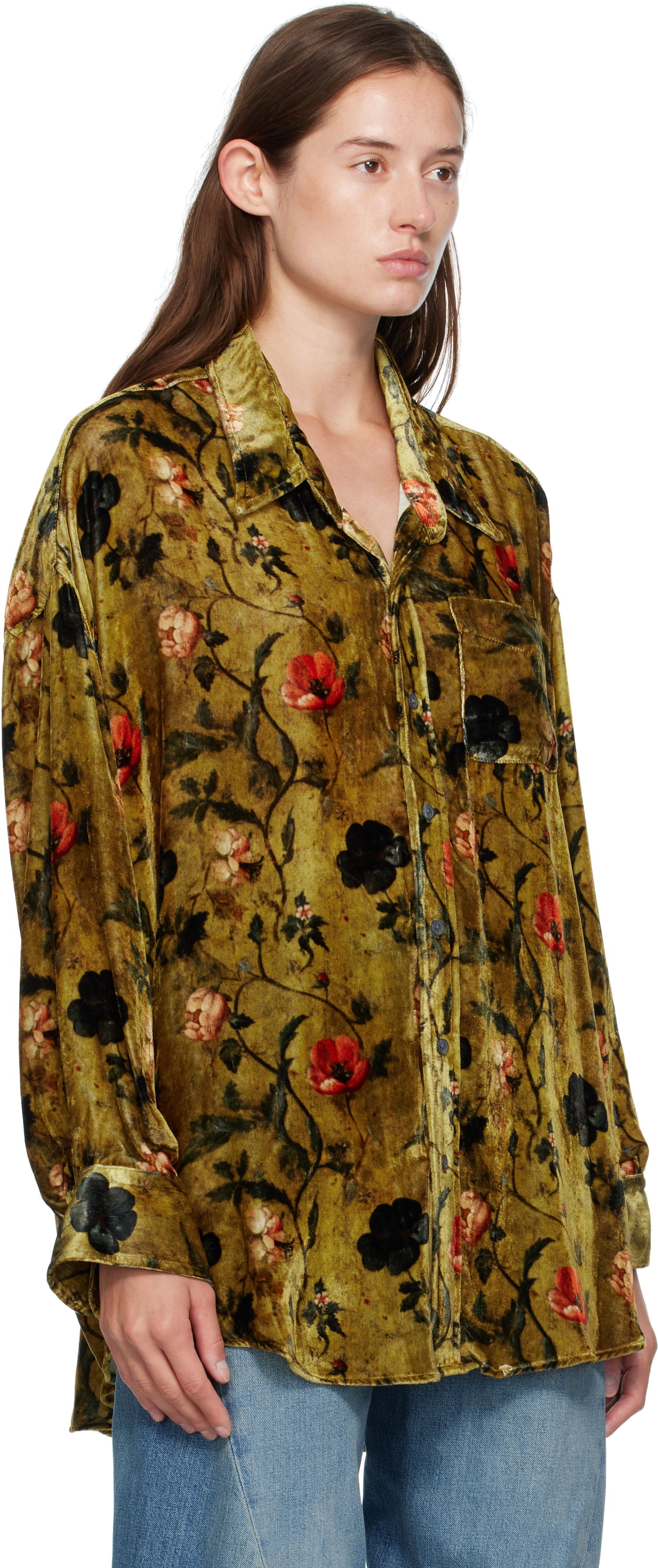 Košeľa R13 R13 Floral-Print Velvet Drop-Neck Shirt Zelené | R13WR004-R595A, 1