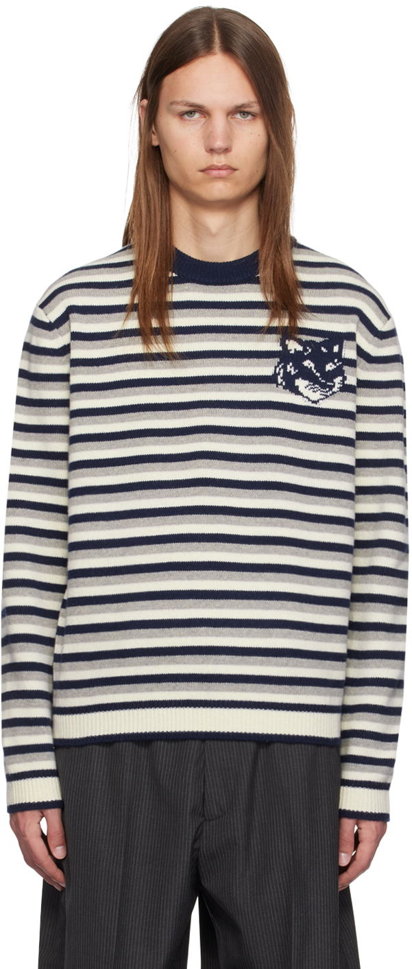Sveter MAISON KITSUNÉ Striped Fox Head Intarsia Sweater Modrá | NM00802KM0329, 0