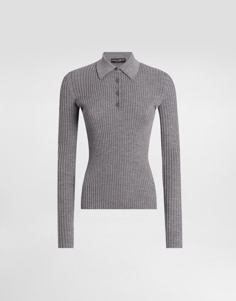 Sveter Dolce & Gabbana Dolce & Gabbana Ribbed Wool Polo Sweater Šedá | FXZ39TJDVDCN0497
