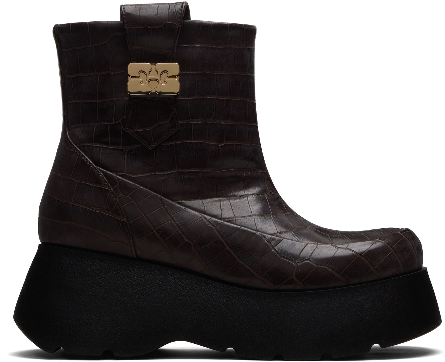 Tenisky a topánky GANNI Kat Crocodile-Embossed Platform Low Boots with Buckle Hnedá | S3235, 0