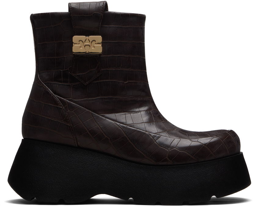 Tenisky a topánky GANNI Kat Crocodile-Embossed Platform Low Boots with Buckle Hnedá | S3235