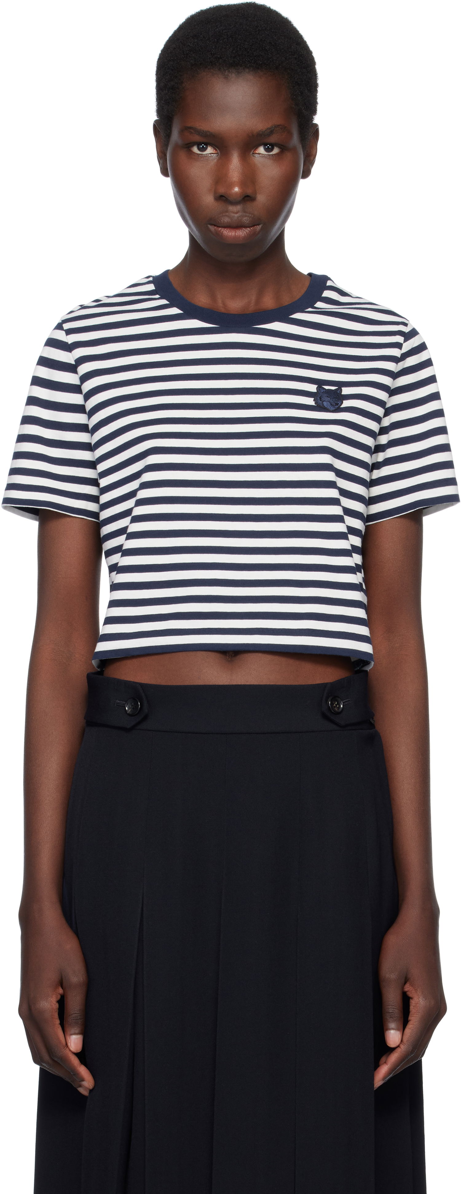 Crop Top MAISON KITSUNÉ Maison Kitsuné Fox Head Patch Striped Cropped T-Shirt Navy | OW00110KJ0008, 0