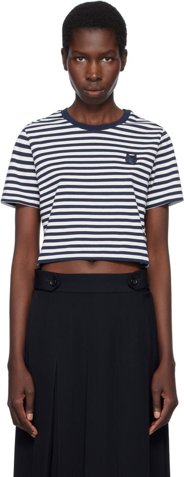 Crop Top MAISON KITSUNÉ Maison Kitsuné Fox Head Patch Striped Cropped T-Shirt Navy | OW00110KJ0008, 0