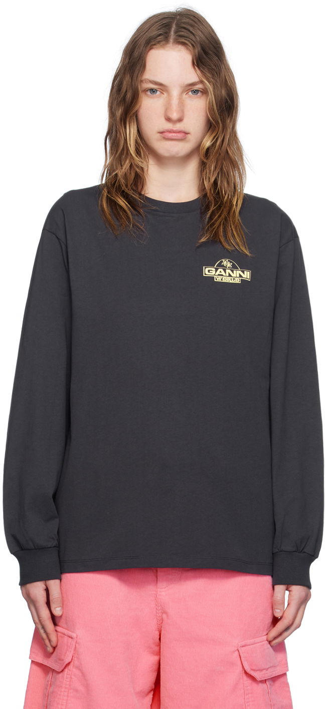 Tričko GANNI Black Future Palm Long Sleeve T-Shirt Čierna | T3937, 0